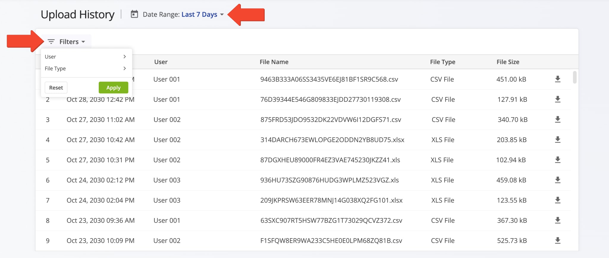 Easily filter your Upload History routing files by date range, team member or file type.