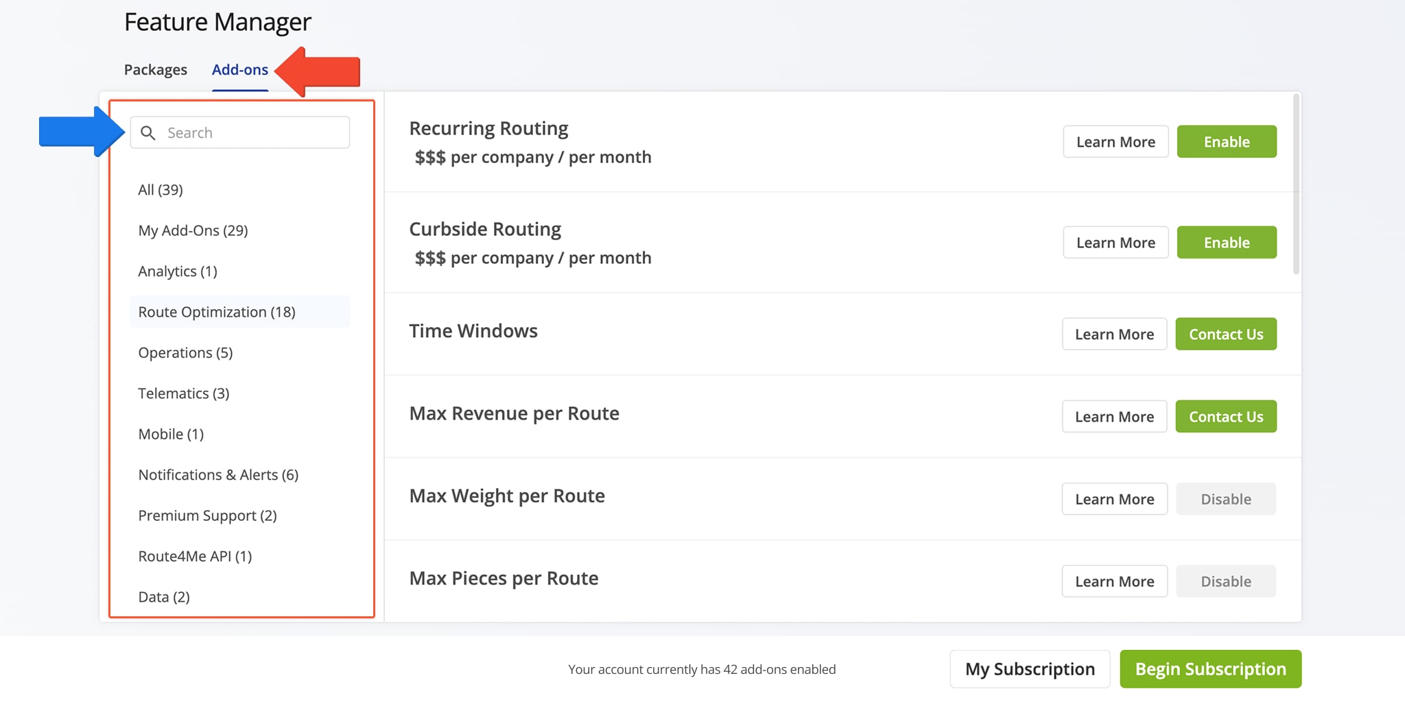 Manage last mile route optimization software subscription, enable and disable add-ons and modules using Route4Me's Feature Manager.
