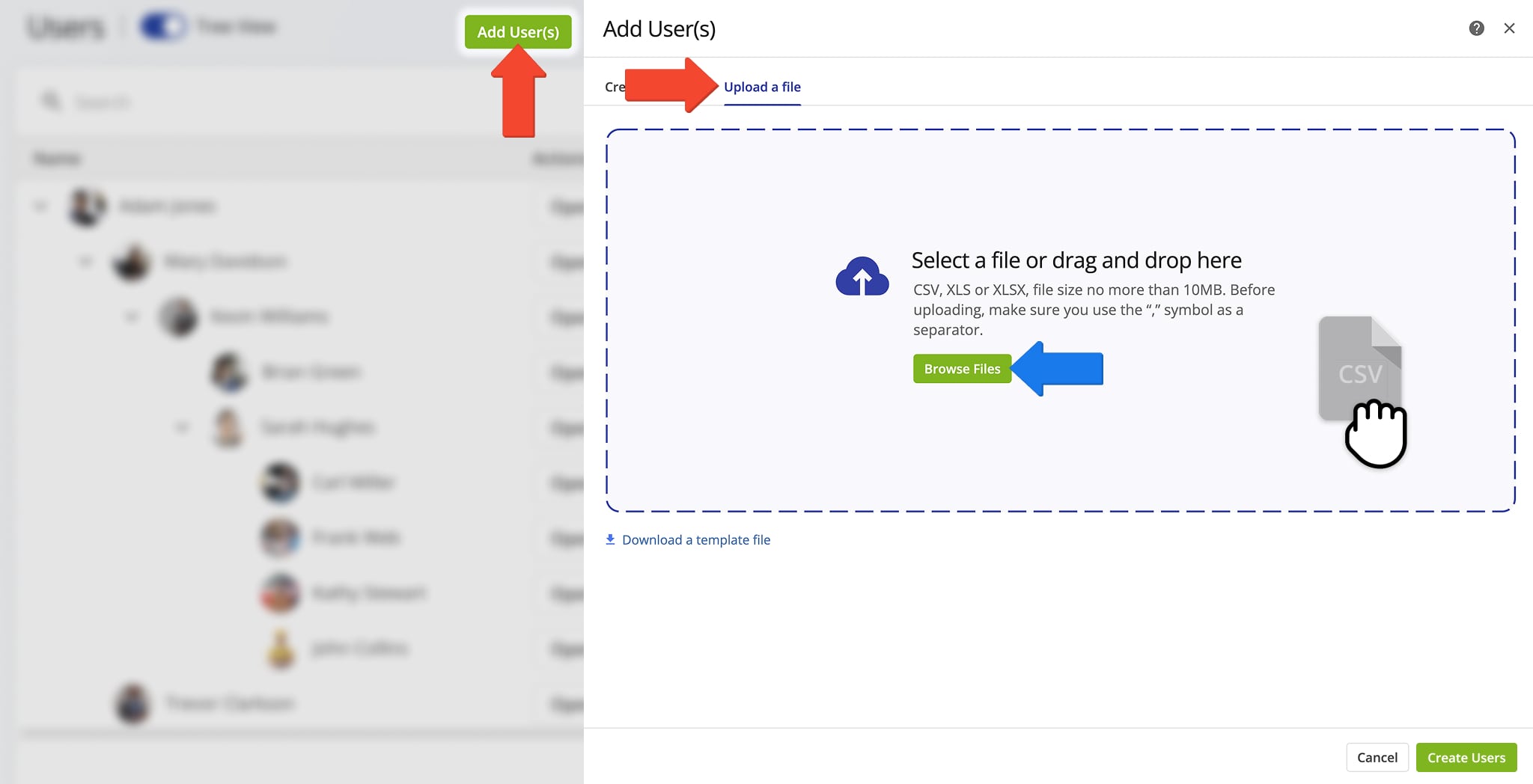 Drop and drop or upload a CSV, XLSX, or XLS file with user data to bulk upload multiple users to your Route4Me account.