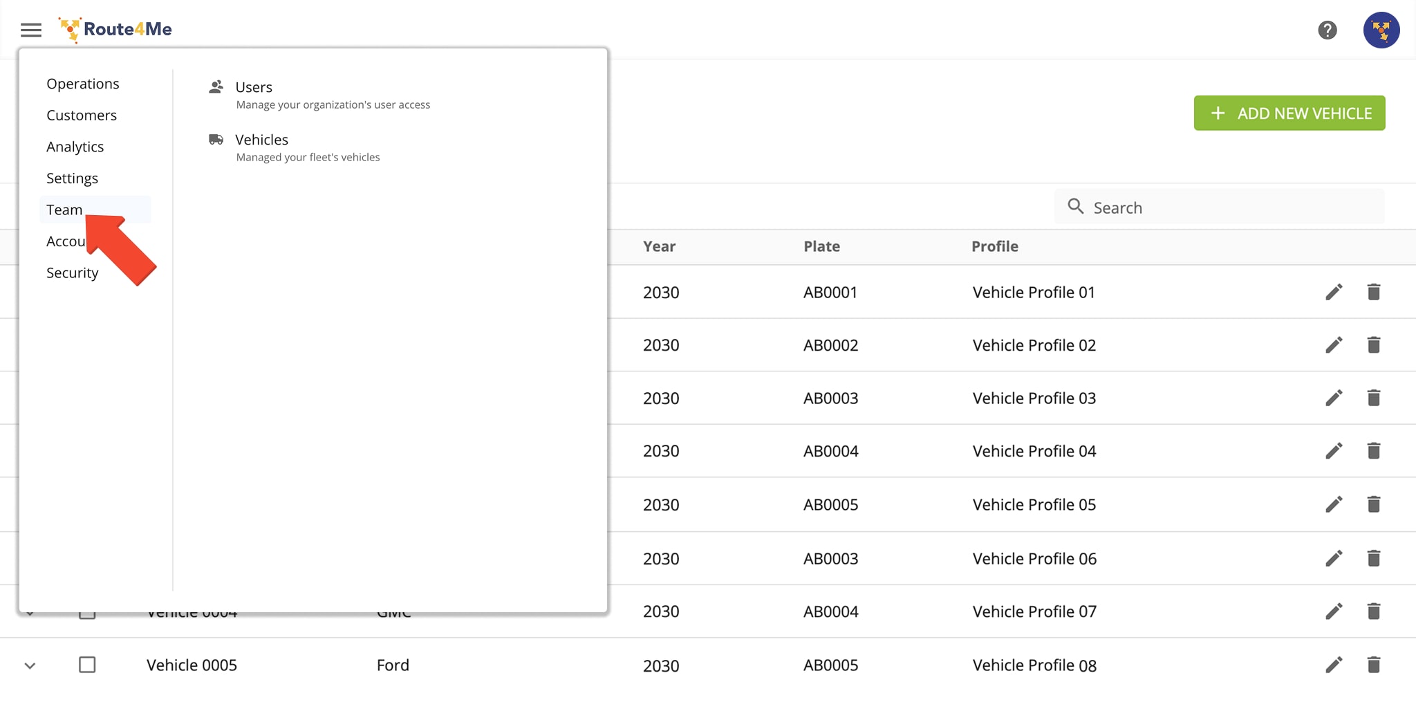 Access team and fleet management pages from the Navigation Menu.