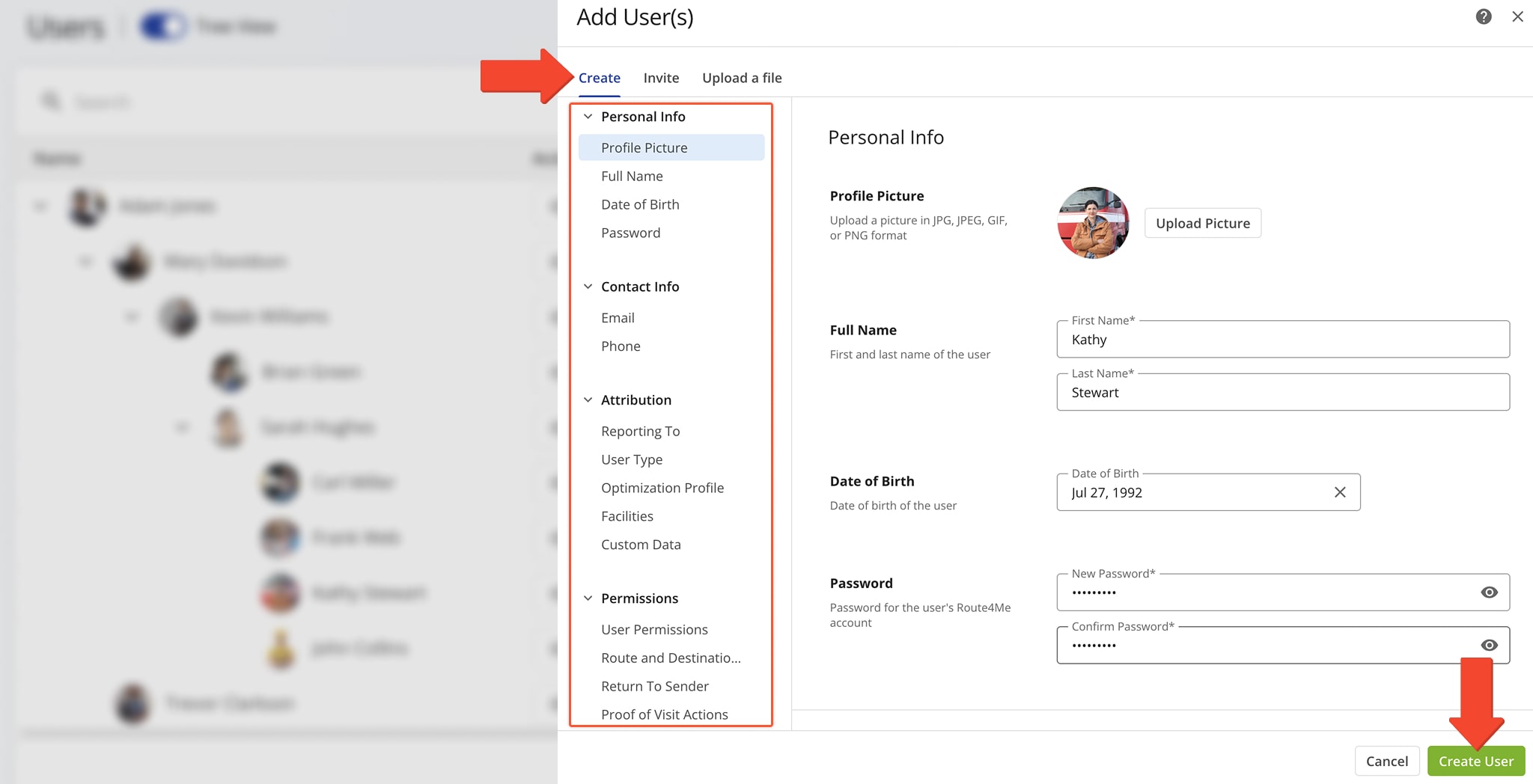 Fill out a user's information and personal details and click Create User to add a new user profile to your last mile team.