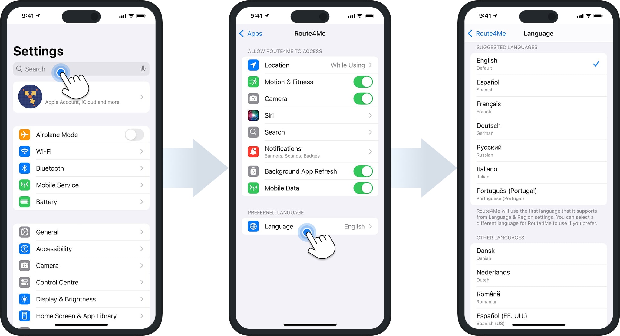 Route4Me iOS iPhone and iPad Mobile Route Planner app supported languages and language settings.