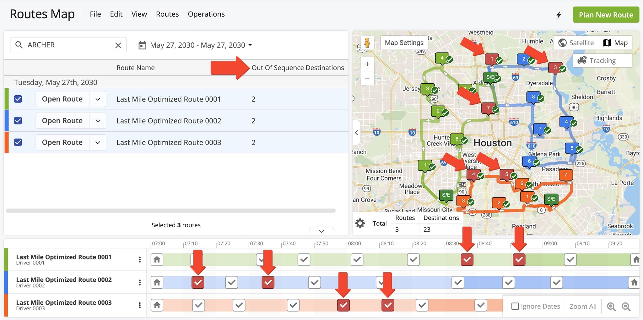 Out of Sequence Destinations are marked in red and shown on the Routes Map Time Line.