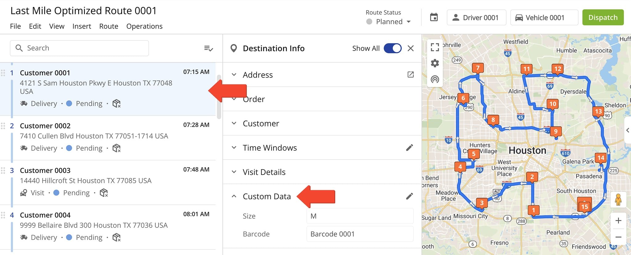Custom Data is attached to each destination and can be viewed in the Route Editor.