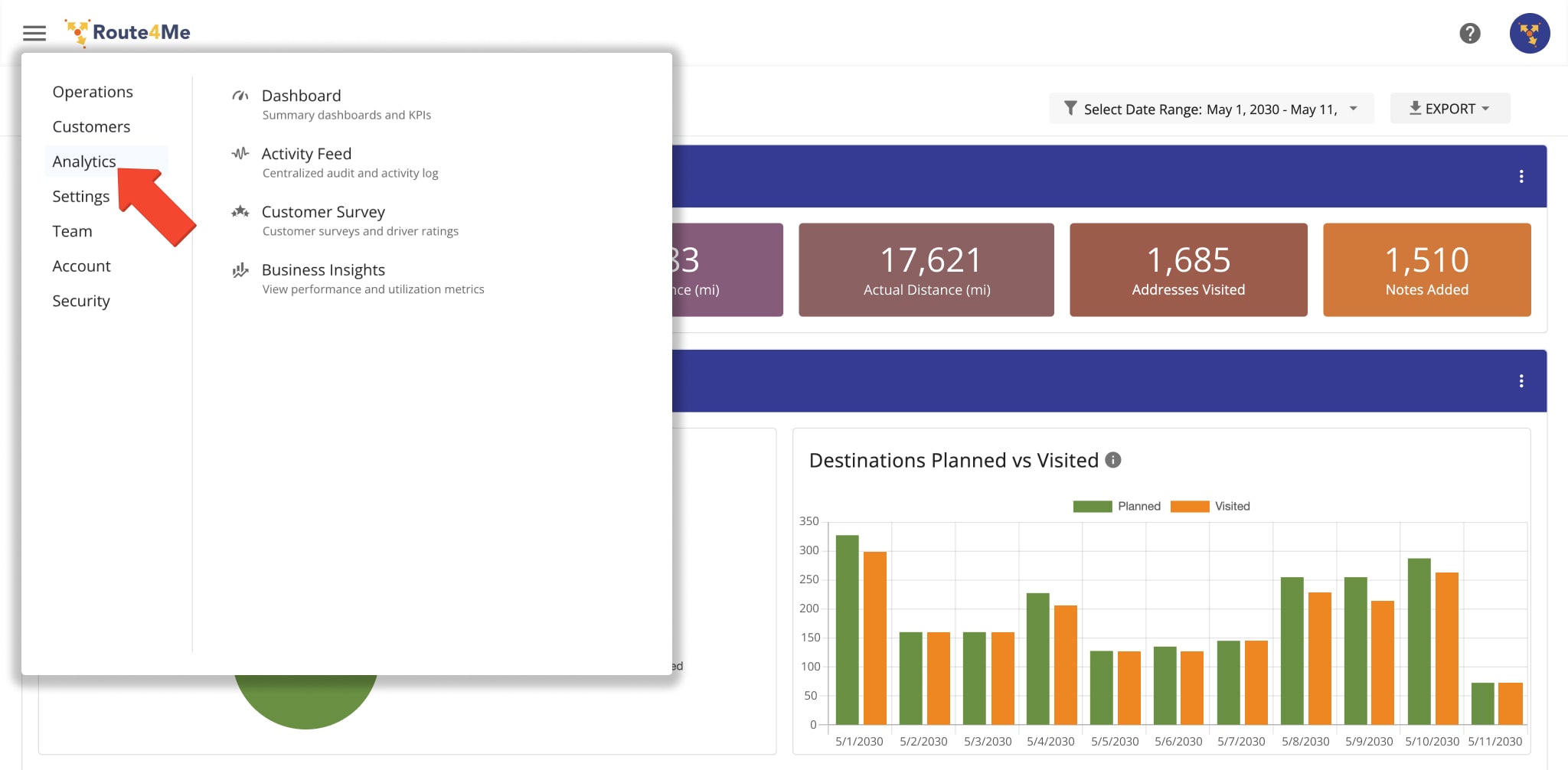 To gather actionable intelligence into the activity of your team members and the performance of your field team, click the Navigation Menu Hamburger Button and then click Analytics.