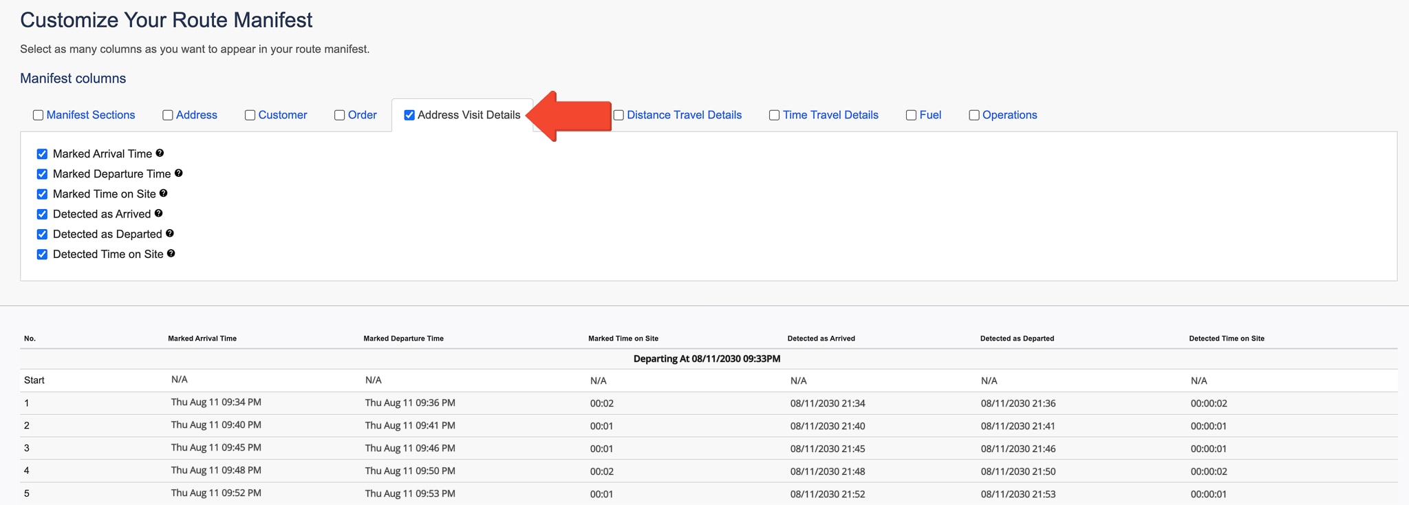 The Address Visit Details tab shows timestamps for arrivals, departures, and time spent at each destination.