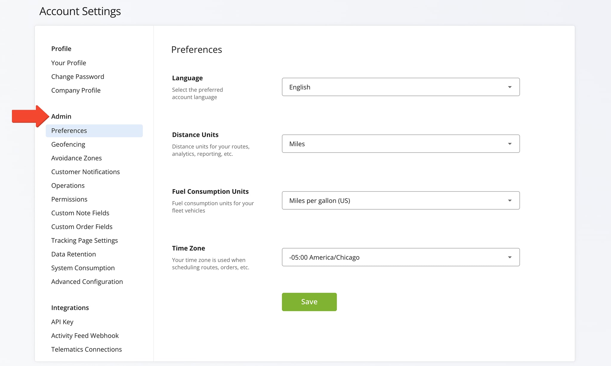 From the Admin section, manage account preferences, notifications, operations, permissions, geofencing, avoidance zones, customer notes, data retention, and system consumption.