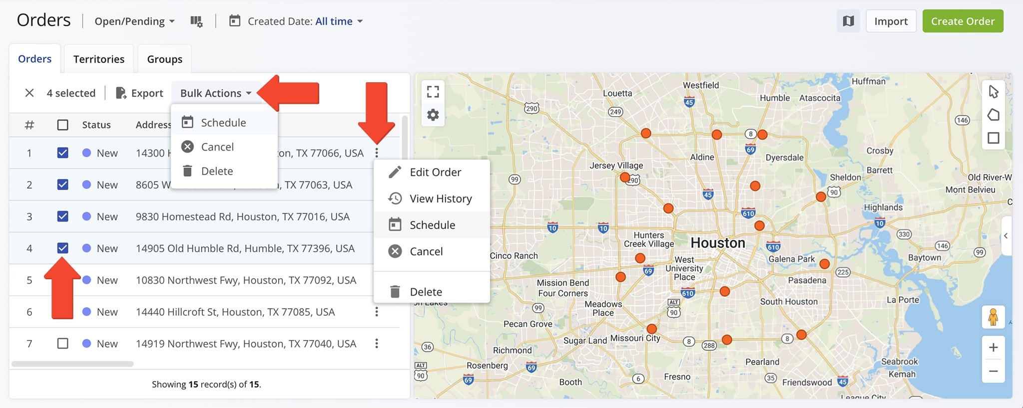 Schedule single or multiple orders and manage custom data from the Orders List.