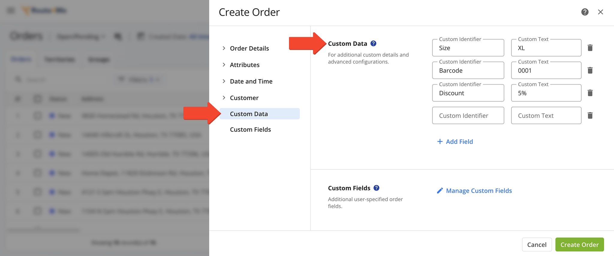 Add or update Custom Data for individual orders when creating or editing them in the Orders List.