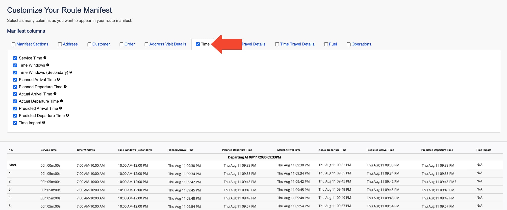 The Time section displays service times, time windows, and any discrepancies between planned and actual arrival and departure times.