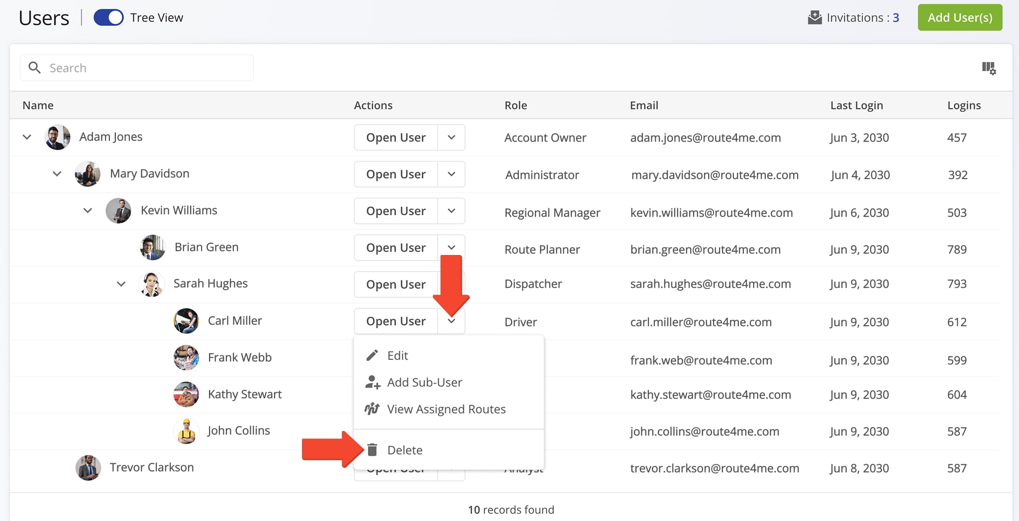 Delete drivers, route planners, dispatchers, and other team member profiles from the Route4Me route planning software account.
