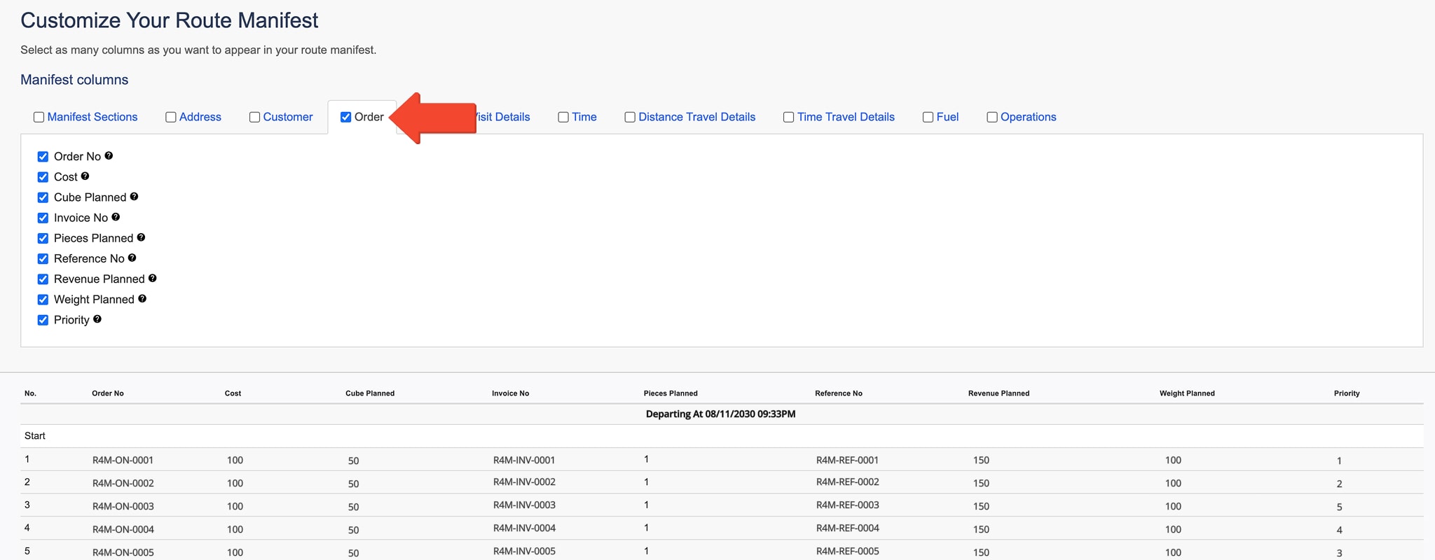 The Order tab displays order-specific information, including order numbers, capacity data, costs, and priority levels.