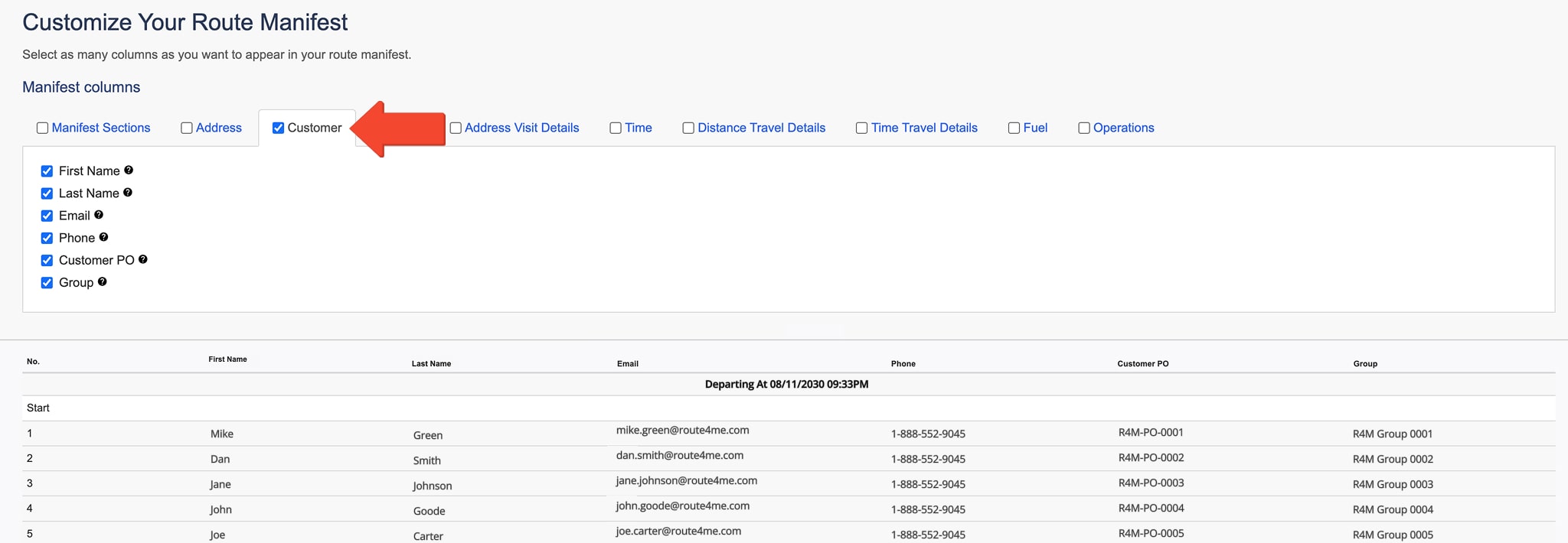The Customer tab displays customer details for each destination, including names, contact information, purchase orders, and group associations.