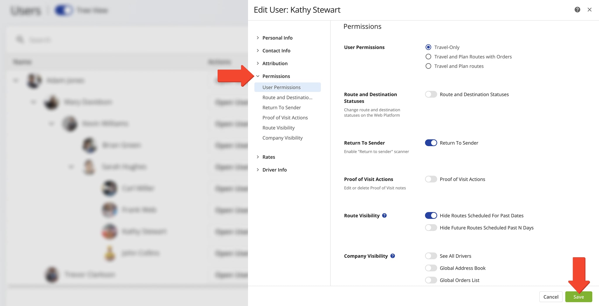 Drivers, route planners, etc., account level user permissions for route, team, vehicle, and order visibility and editing.