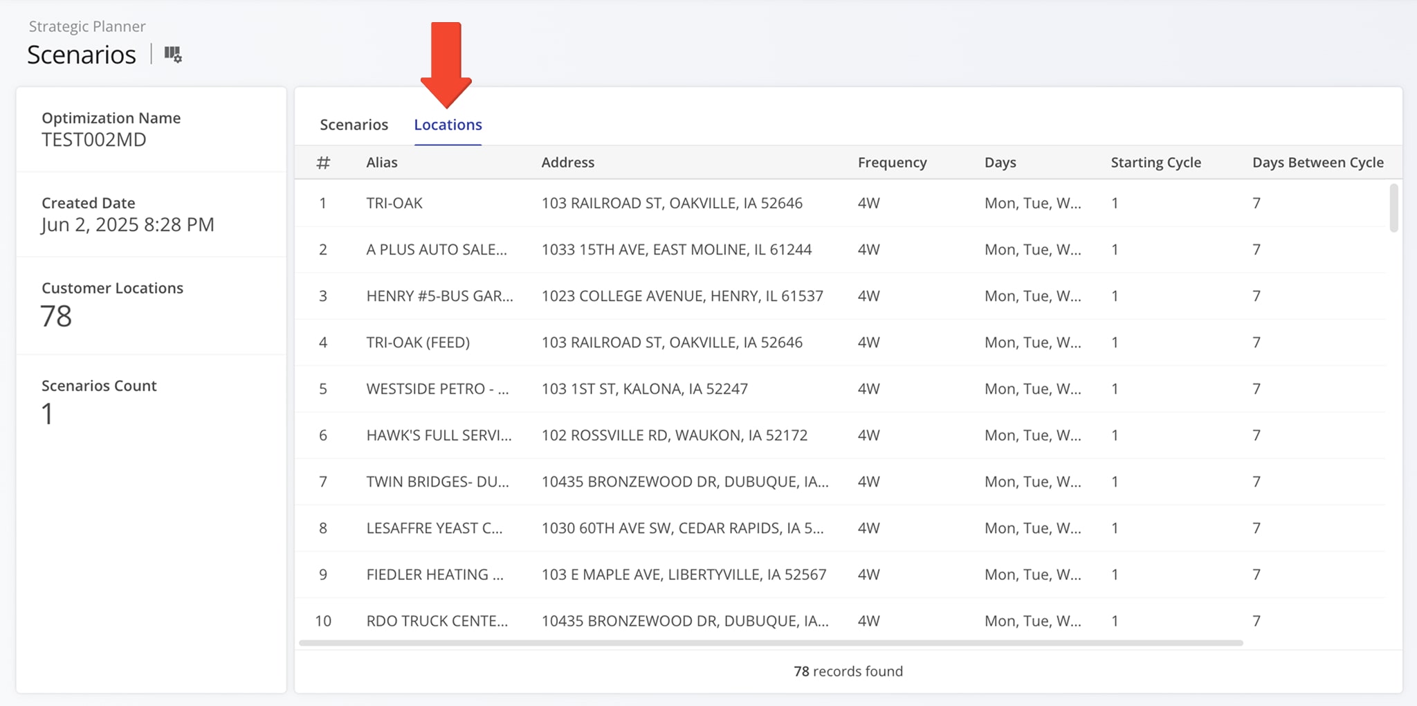 Click the 'Locations' tab to see the Customer Locations associated with the plan and its scenarios.