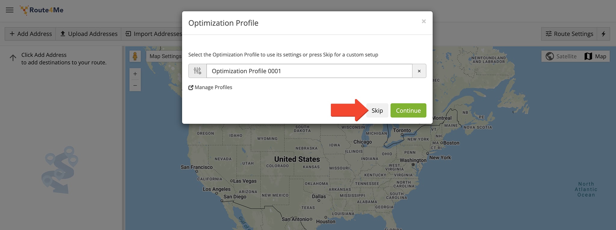To plan a cross-border route, skip the Optimization Profile to manually set cross-border routing options.