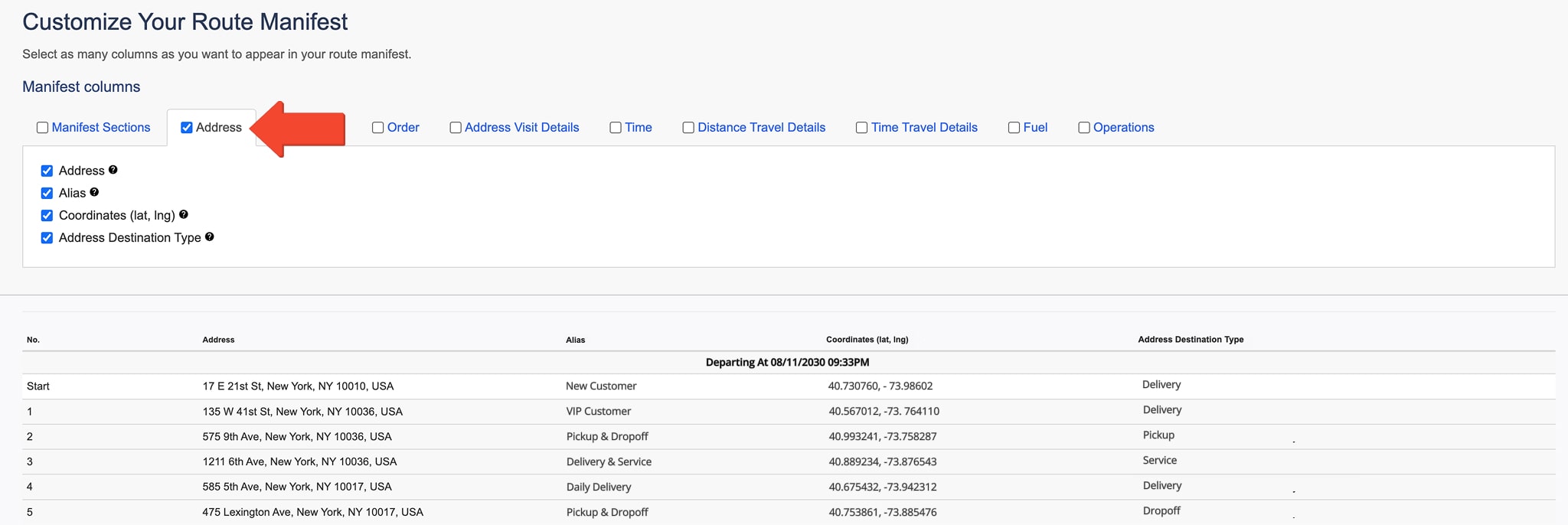 The Address tab displays key location details for each destination, including addresses, aliases, coordinates, and destination types.
