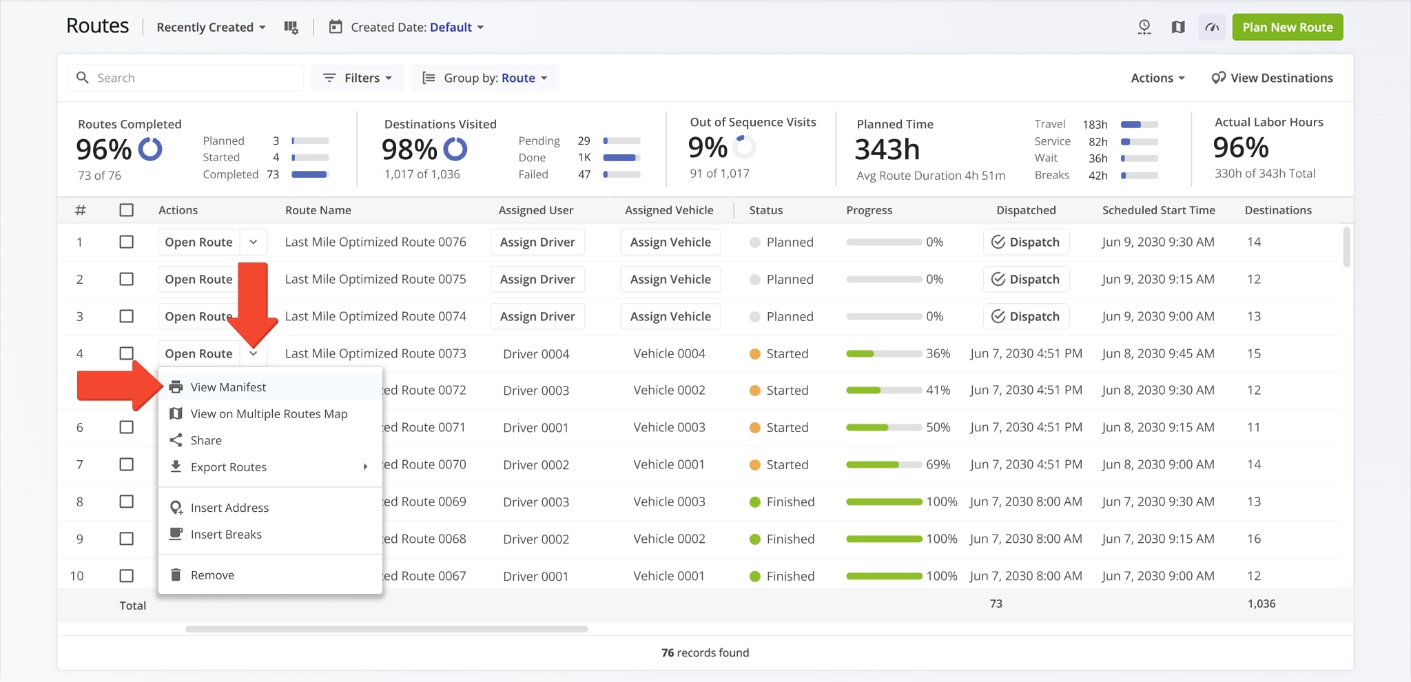 Open the Route Manifest to download route metrics and details.