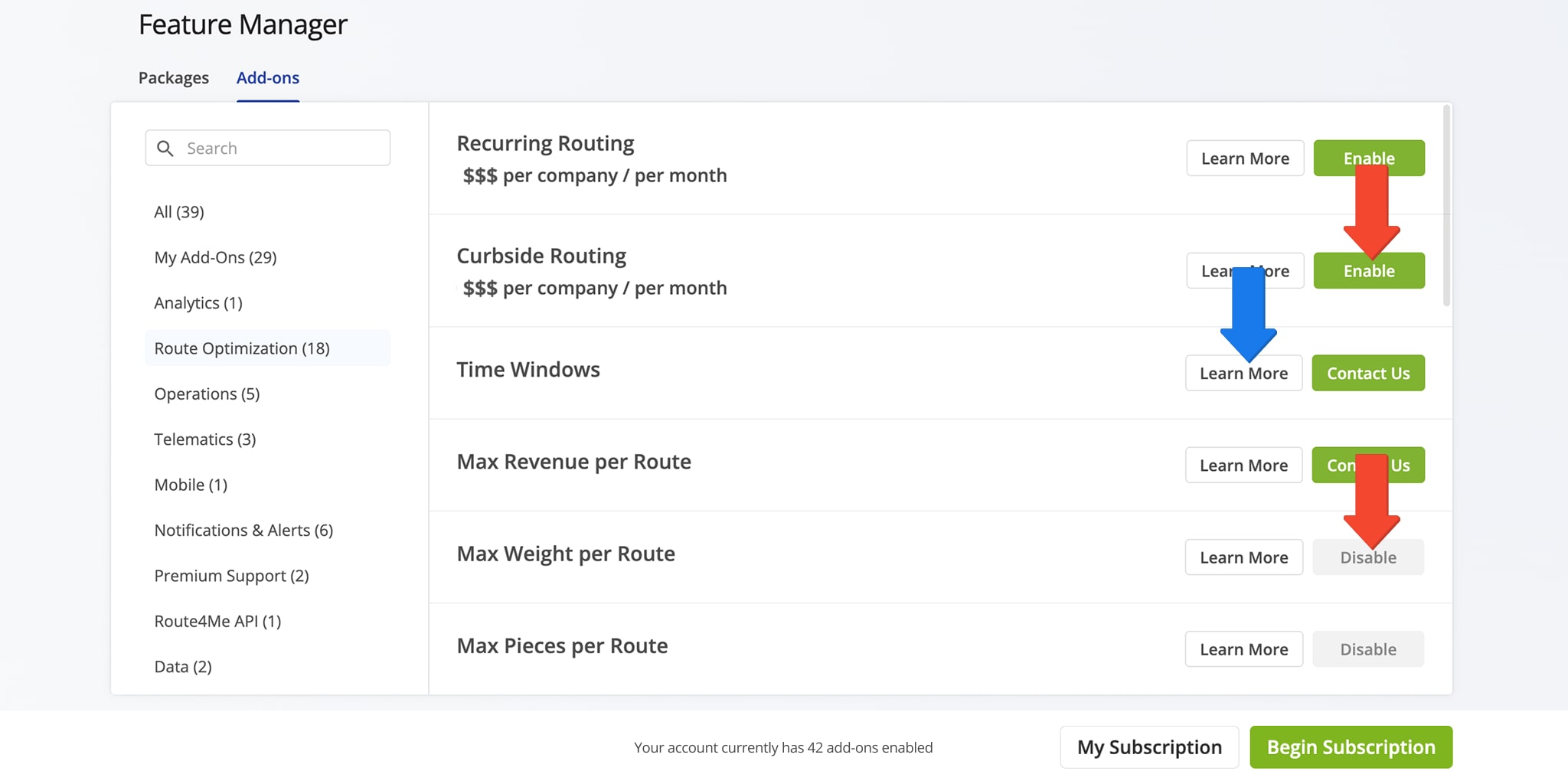Enable add-ons and modules to customize your RouteMe route planning account using the Feature Manager.