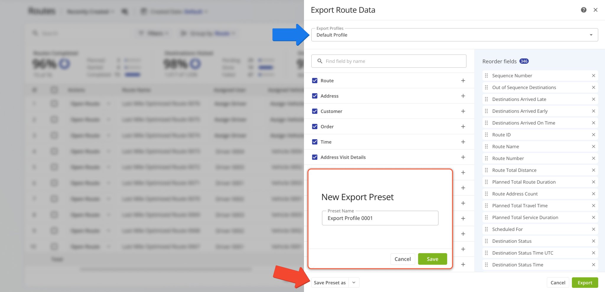After selecting route export items, save route export profiles by writing a custom profile name and clicking 'Export'.