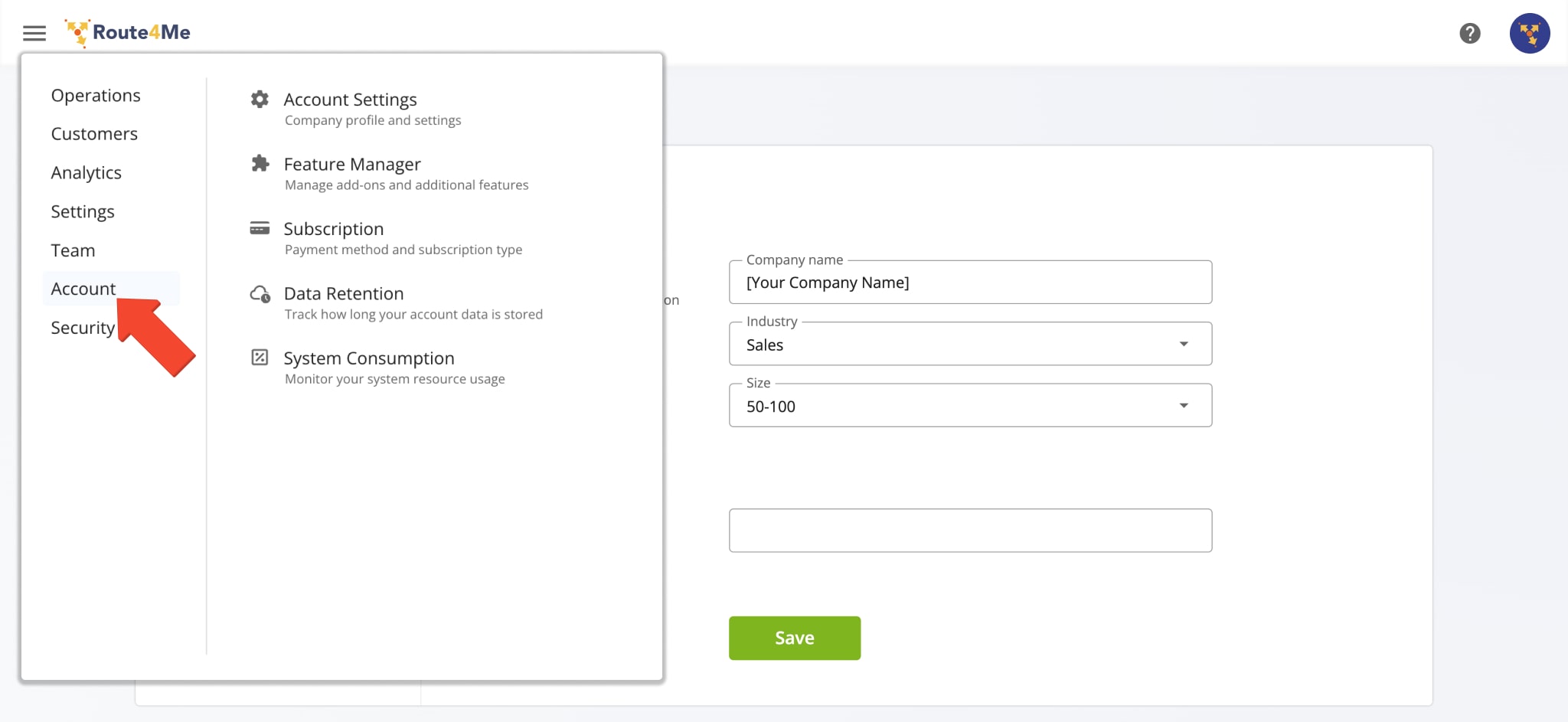You can open your Account Settings and preferences from the Navigation Menu, along with the Feature Manager which enables you to customize the functionality of your Route4Me account.