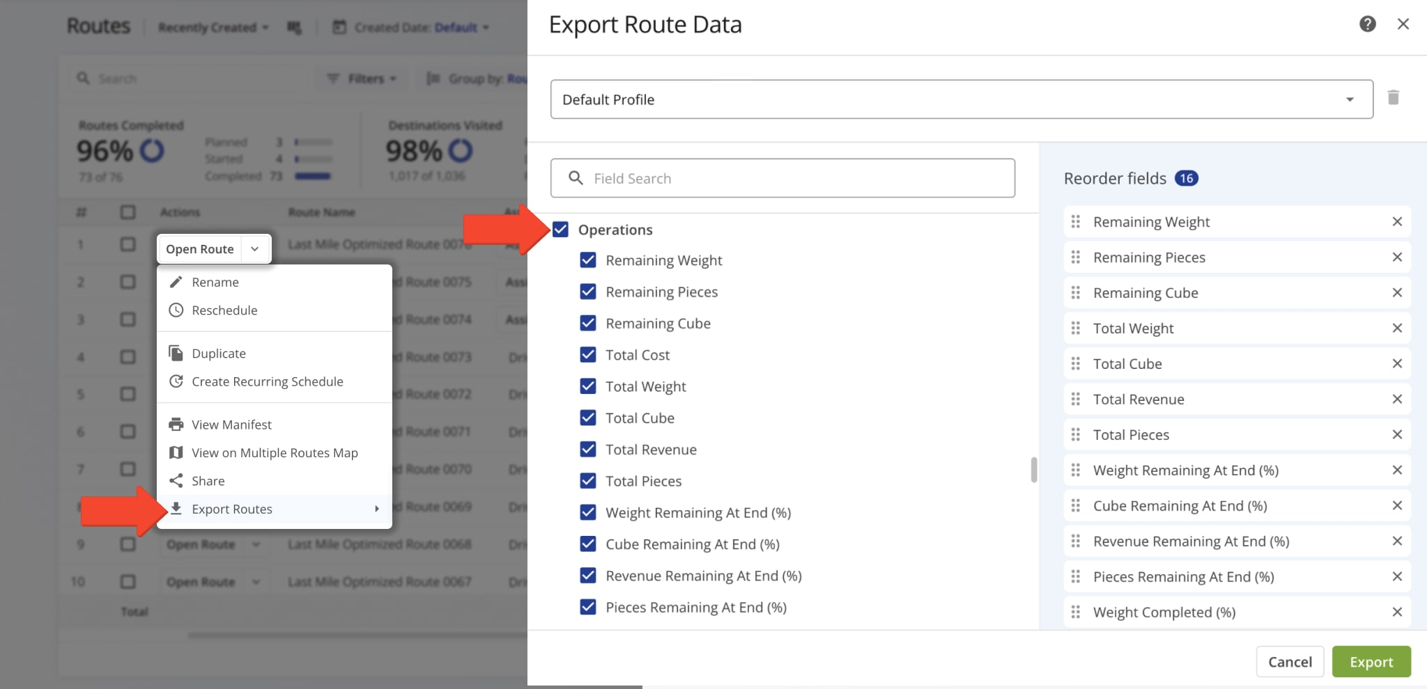 To review capacity constraints from a route export, check the boxes in the 'Operations' section to include operational capacity data in your export.