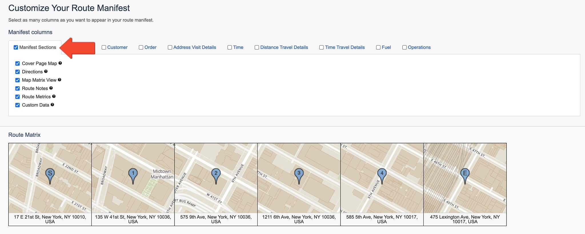 The Manifest Sections tab allows you to choose which route-related information to include, such as maps, directions, metrics, and custom data.