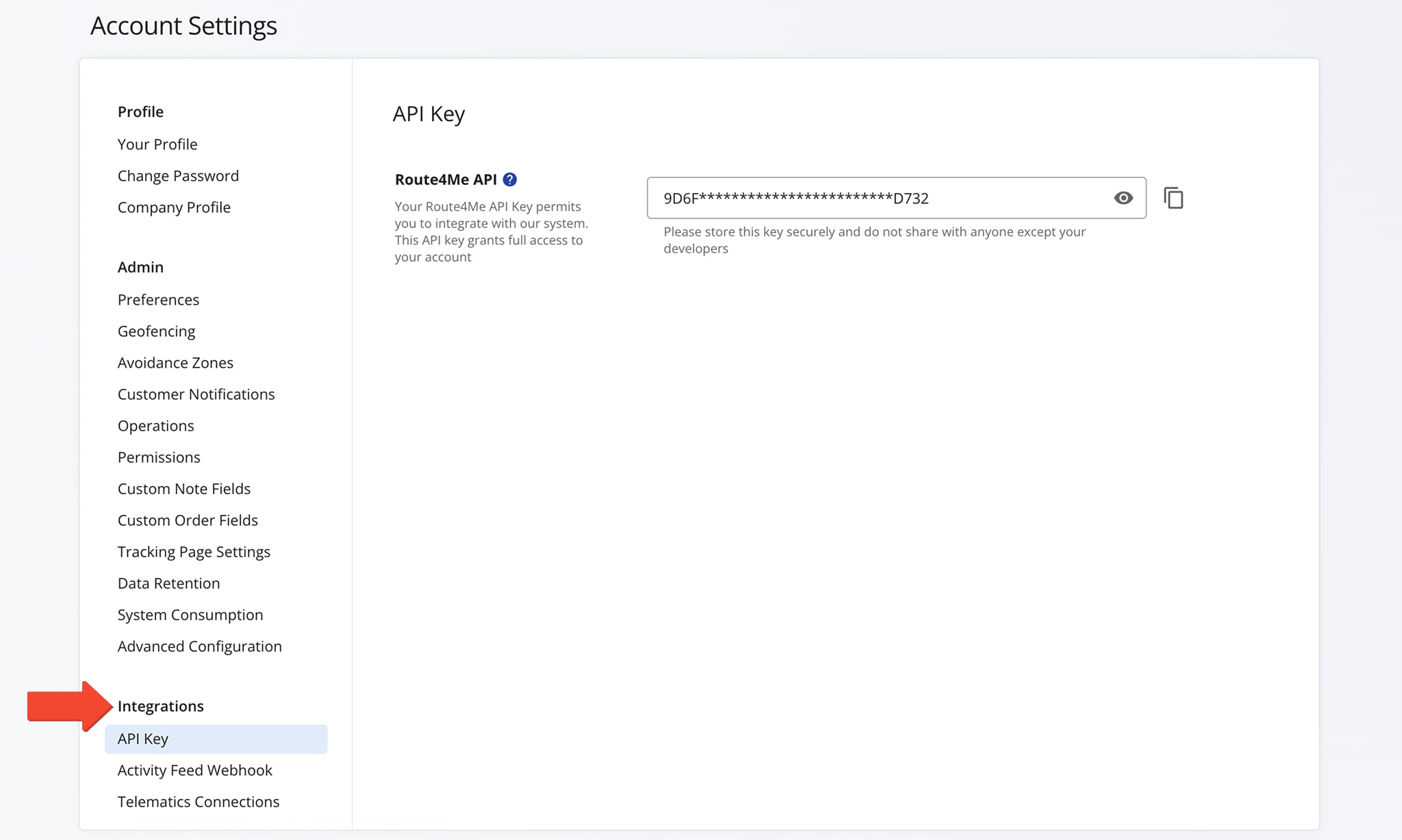 From Integrations, access API key, enter callback URL, and establish Telematics connections.