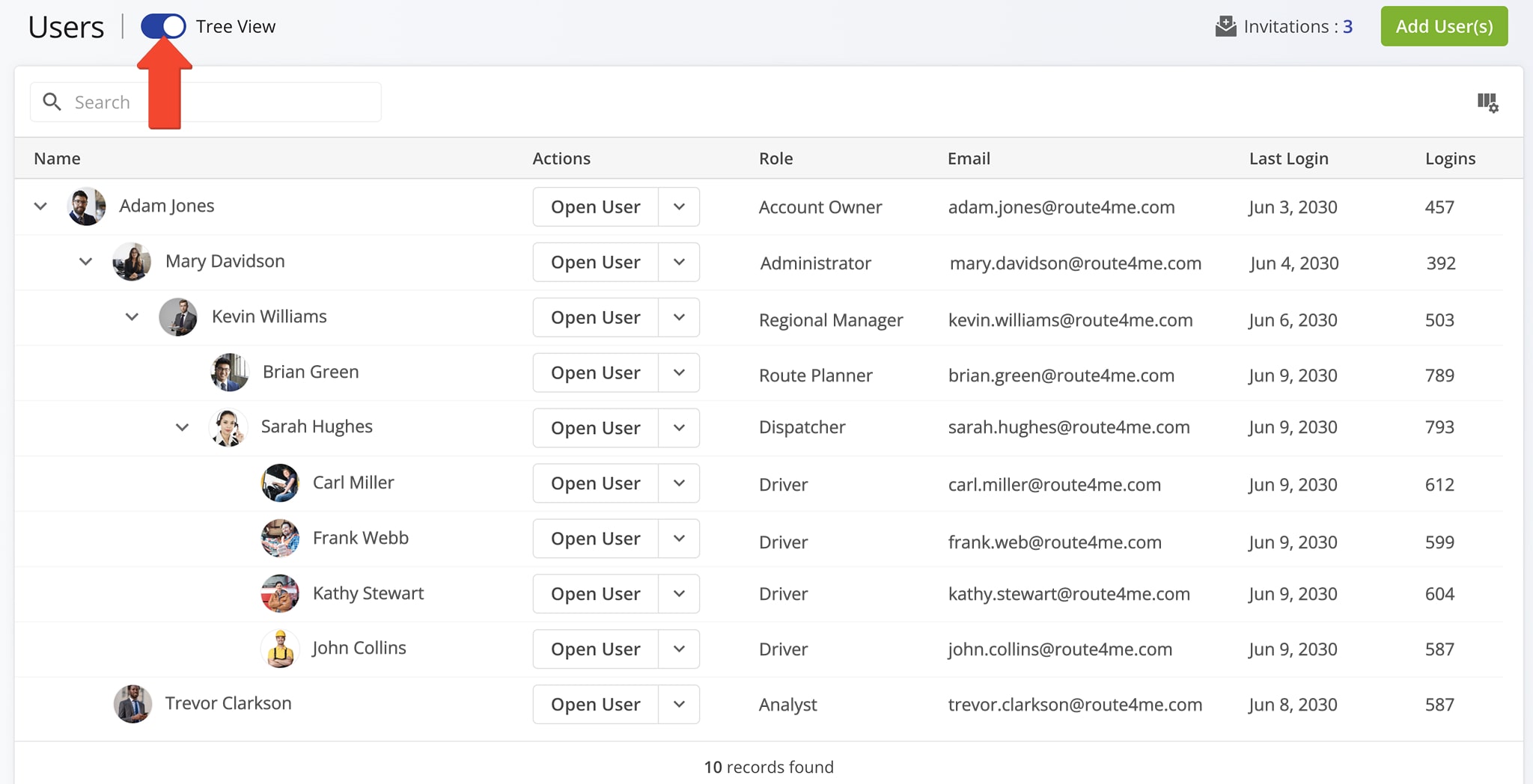 Enable Tree View to visualize your Route4Me Last Mile Transportation team hierarchy and reporting structure.