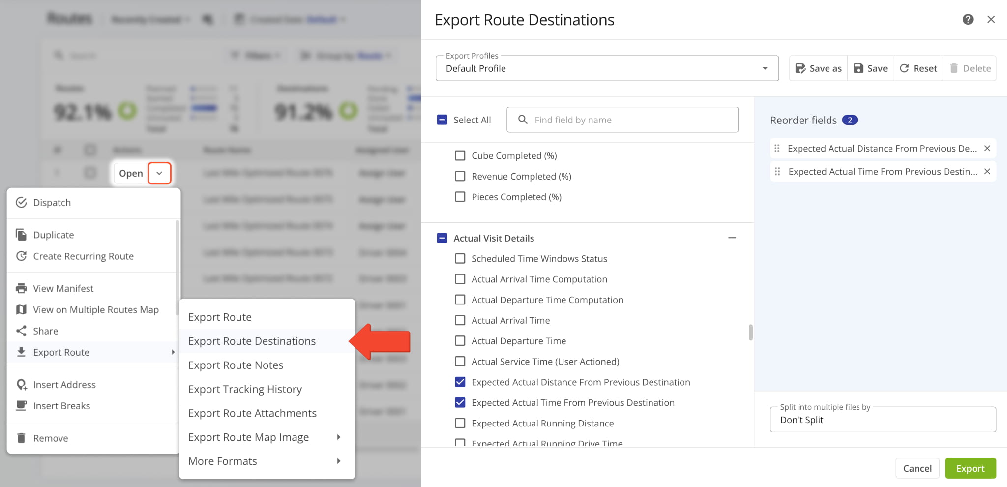 In addition to exporting route data totals, you can also export destination-level data.