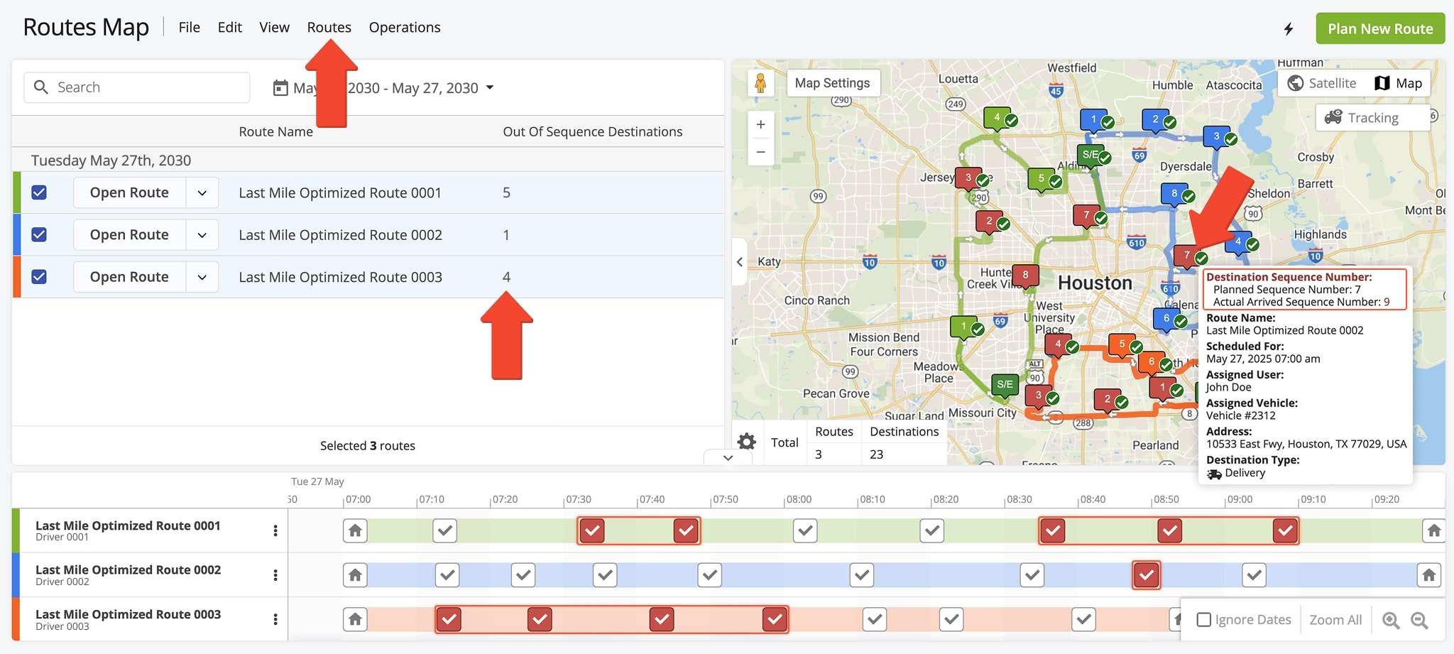 On the Routes Map, destinations visited out of sequence are marked in red.