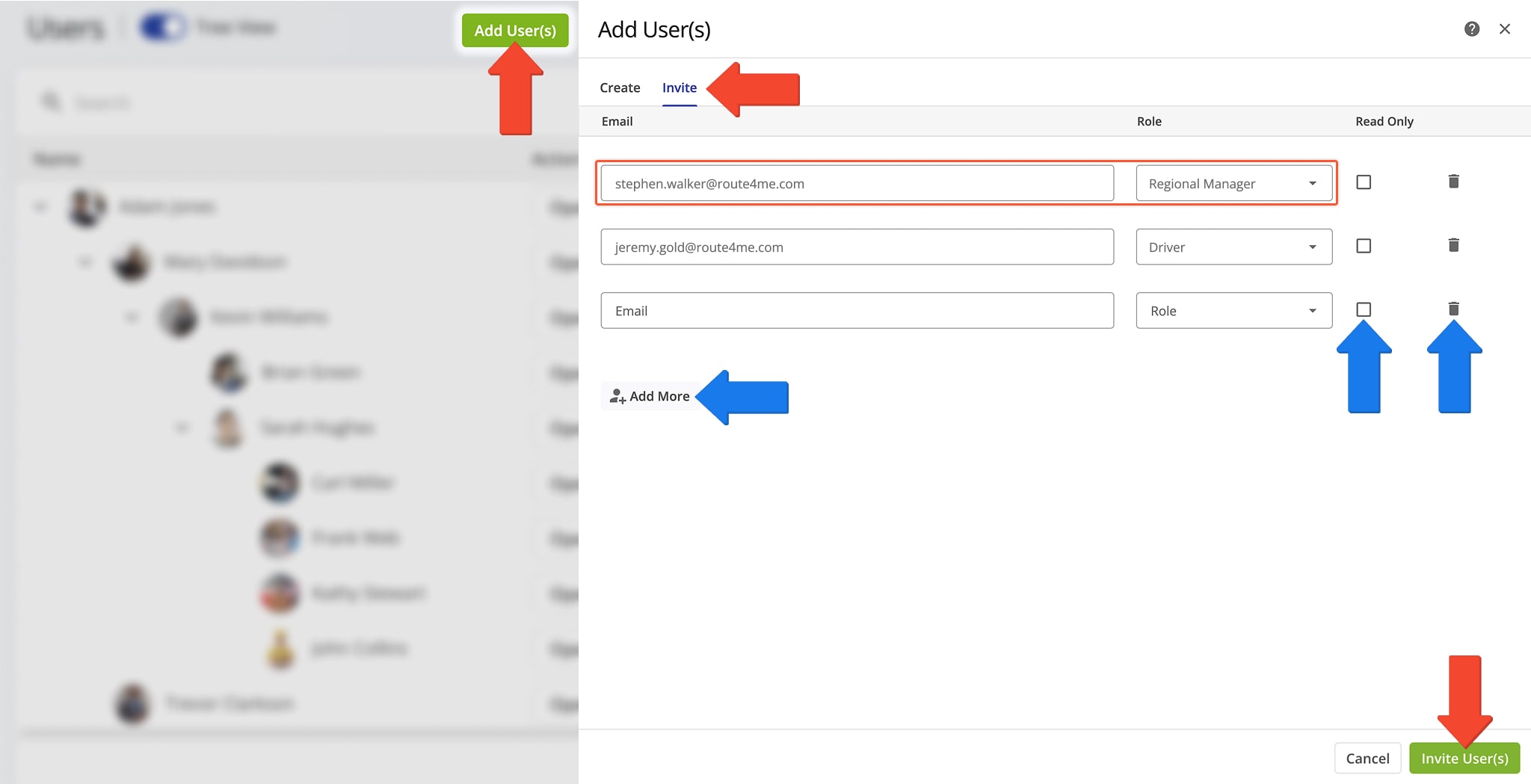 Send email invites to drivers, route planners, dispatchers, and other team members to join your Route4Me company account.