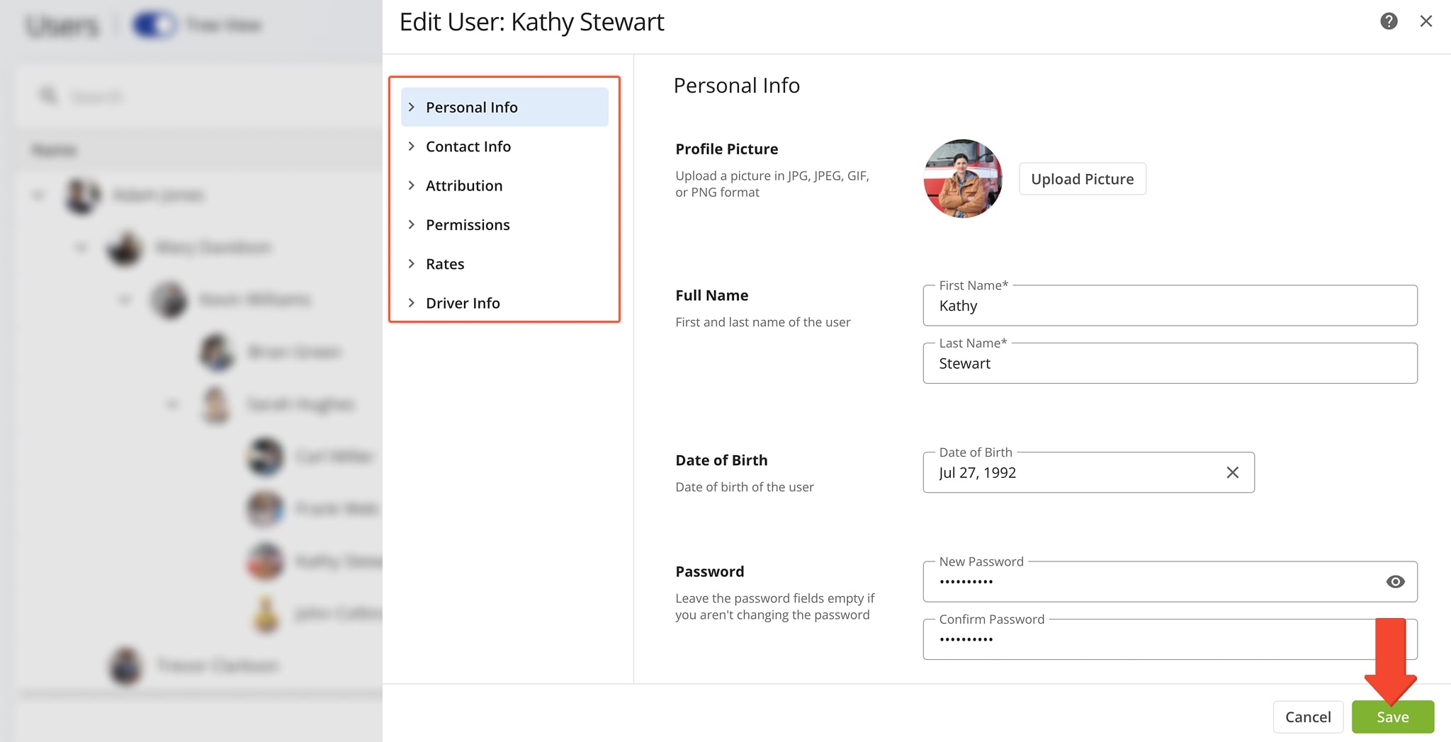 Edit general team member profile information such as user name, email address, password, and user type for drivers, route planners, etc.