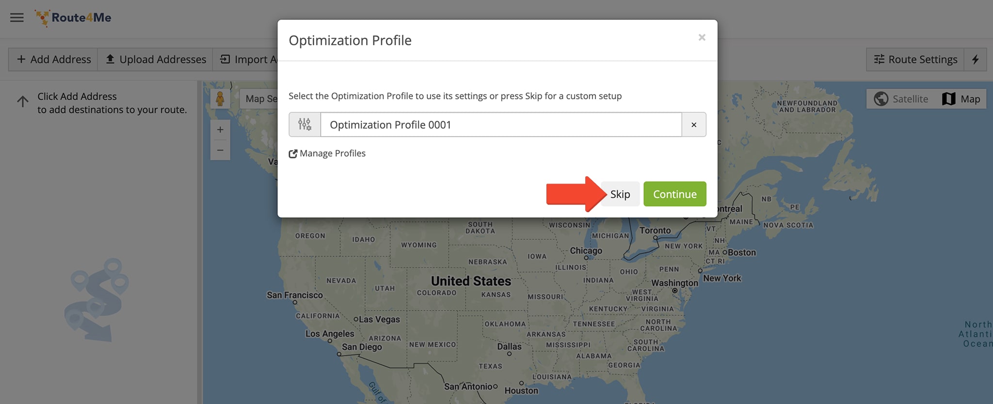 To customize a route's optimization settings, click 'Skip' when prompted to select an Optimization Profile.