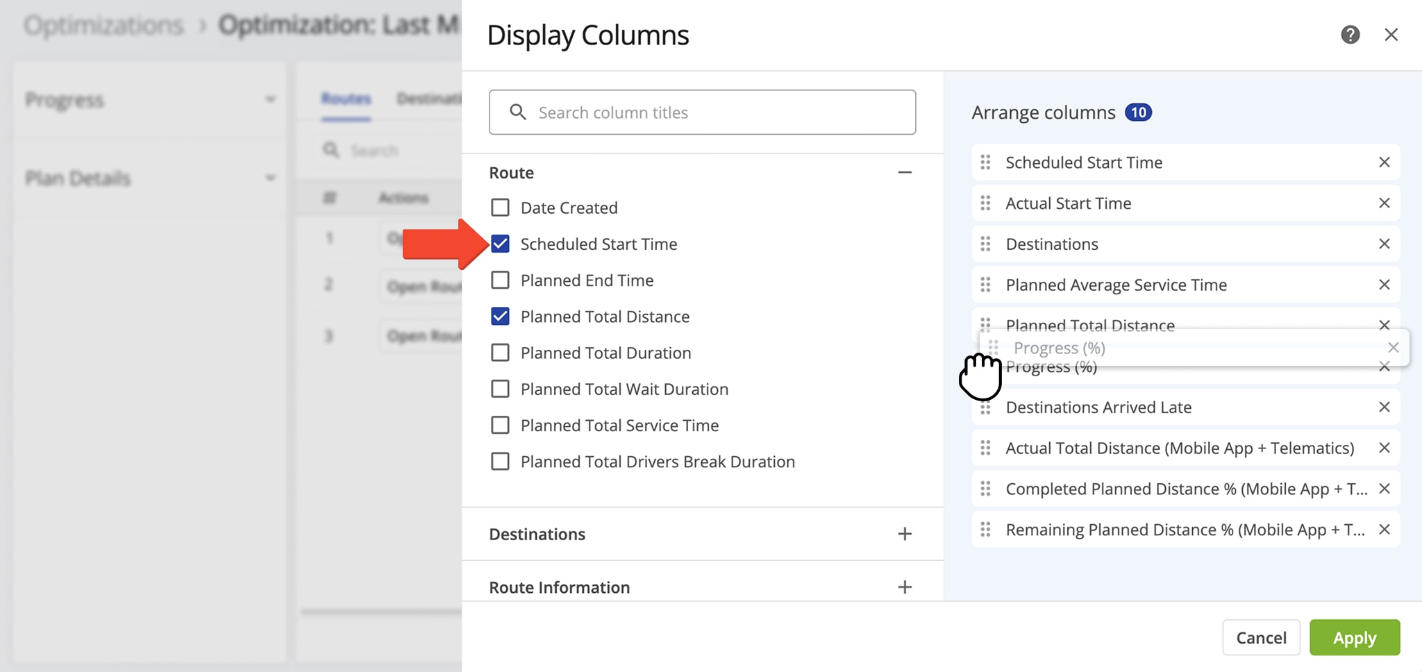 Select and arrange Snapshot columns by checking boxes and using drag-and-drop to customize their order.