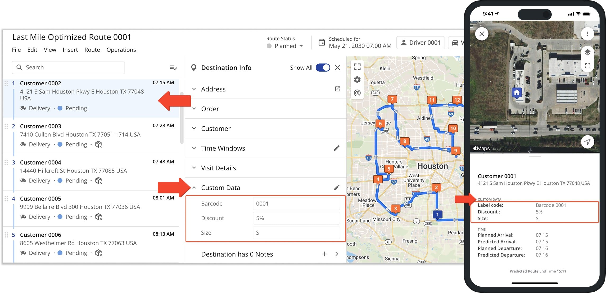 Plan and optimize routes using orders and their associated Custom Data visible in the Route Editor and mobile apps.