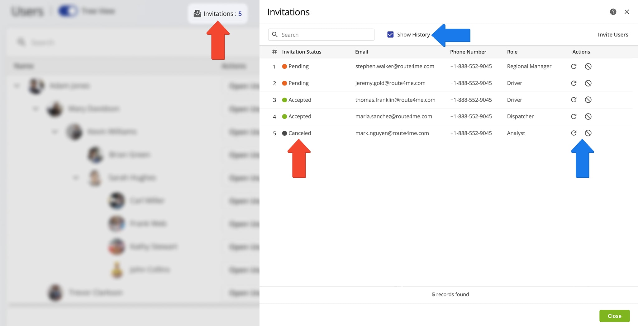 Check team member invitation statuses for invited drivers, route planners, dispatchers, and other members.