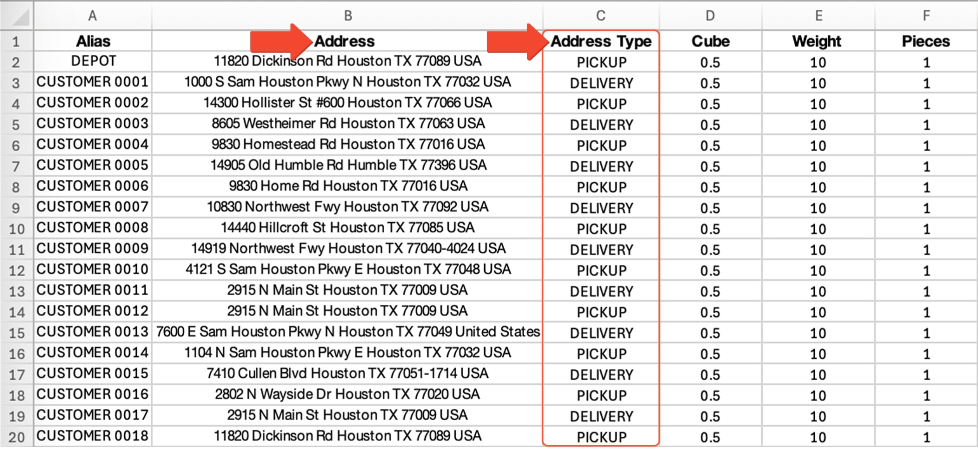 Import pickup and delivery addresses using a CSV or XLS file.