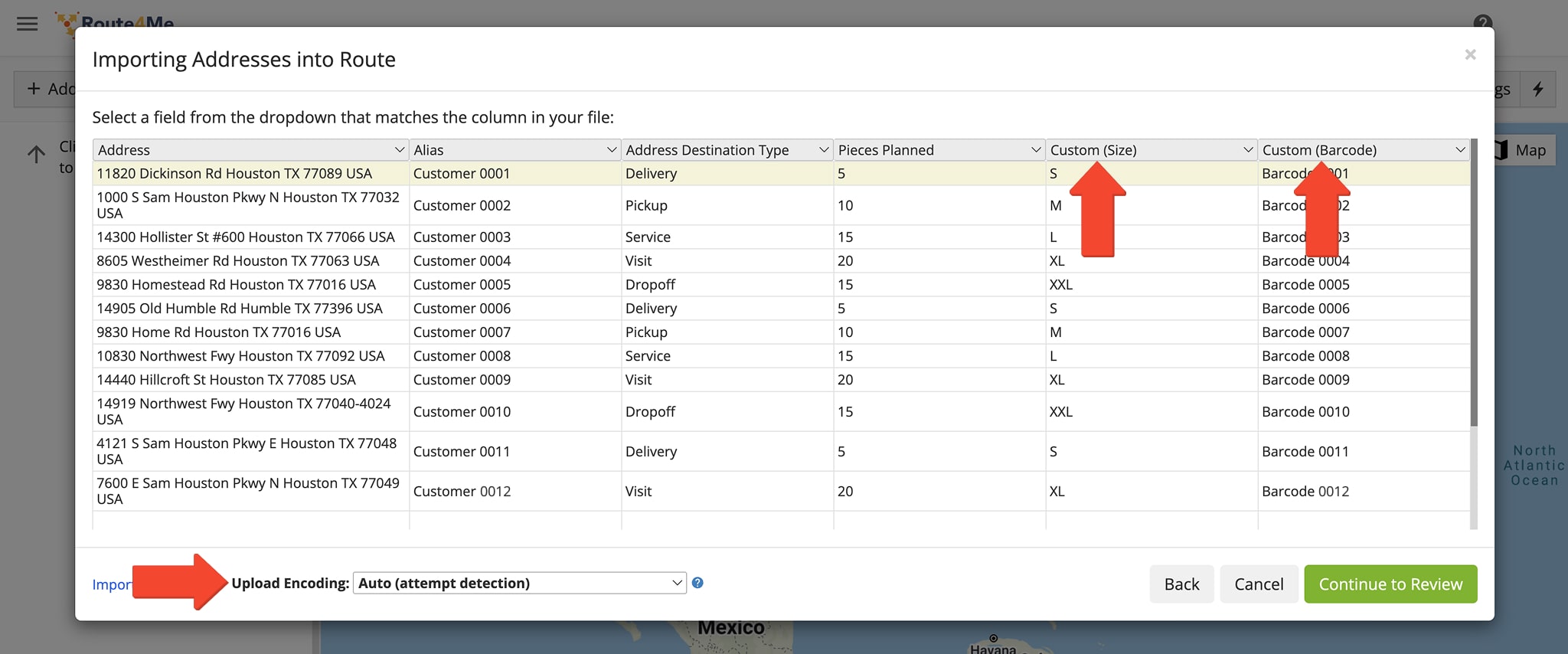 Route4Me maps reserved fields and labels extra columns as 'Custom' with their original names in parentheses.