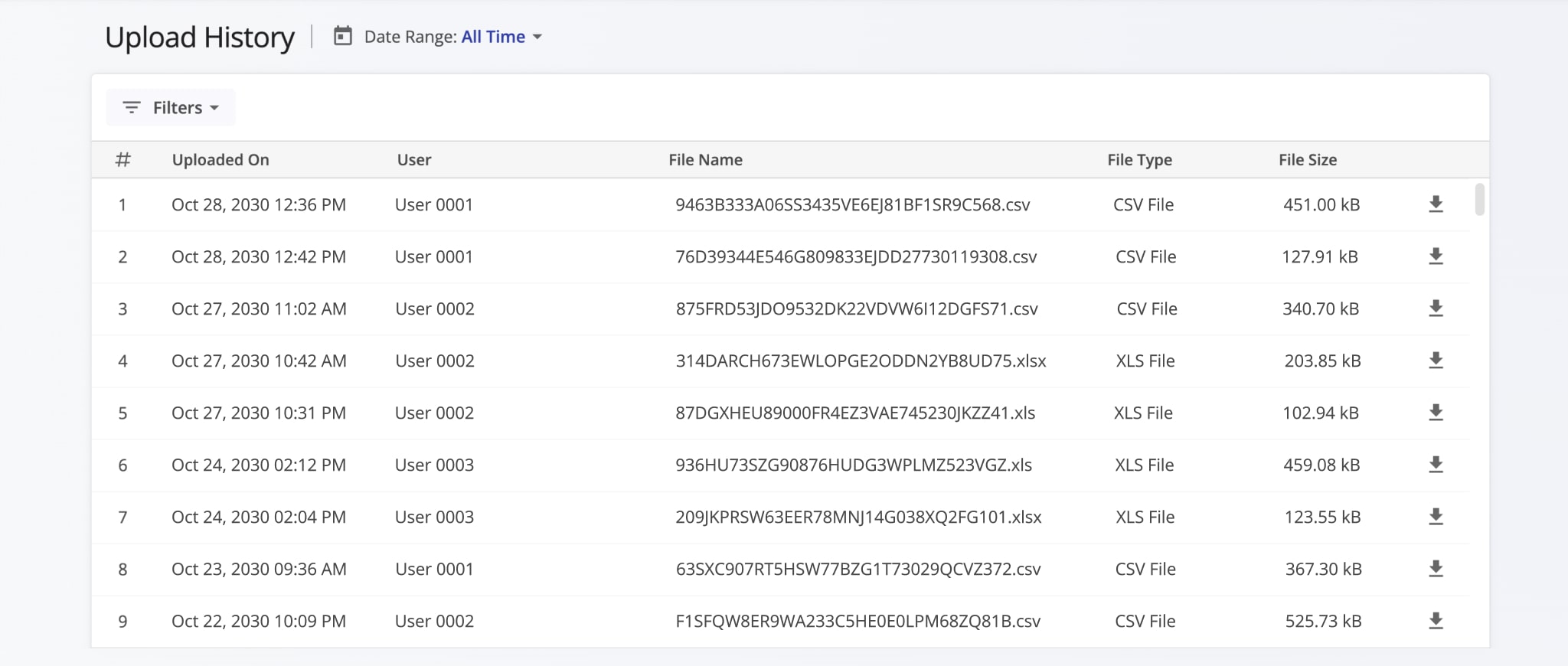 The upload history page shows all files uploaded to your main Route4Me account.