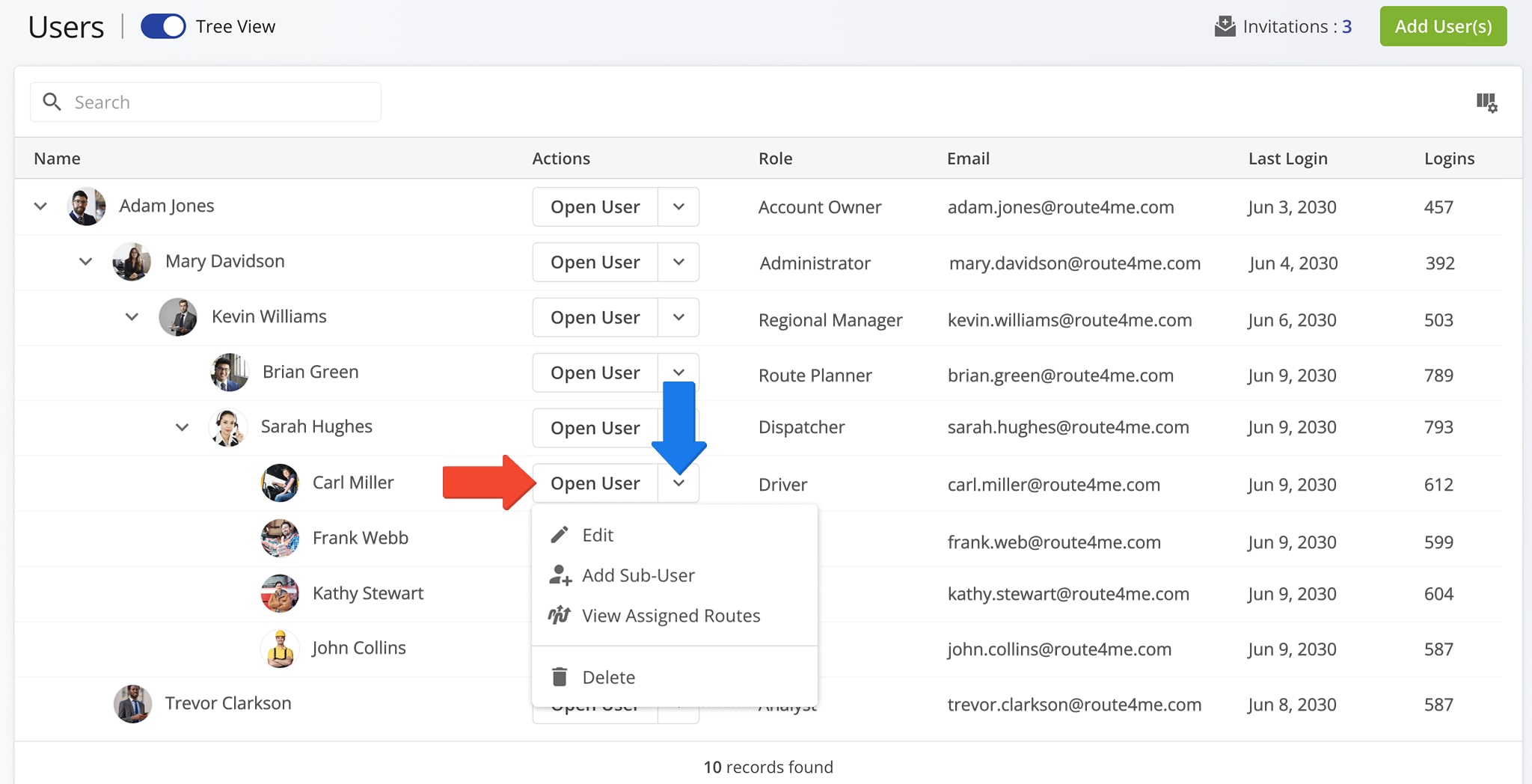 Edit accounts and profiles of drivers, route planners, dispatchers, and other team members.