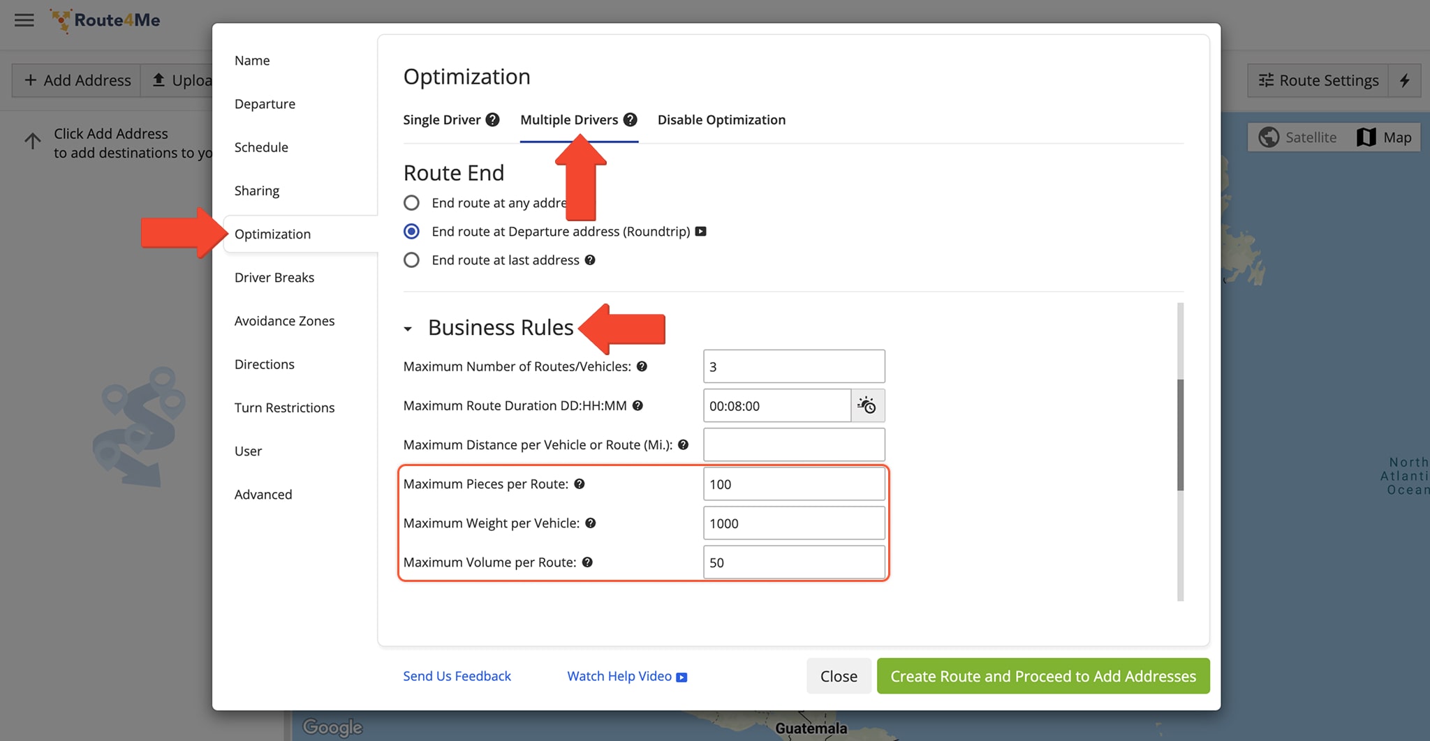 Select "Multiple Drivers Optimization" and enter route capacity limits for pieces, volume, and weight.