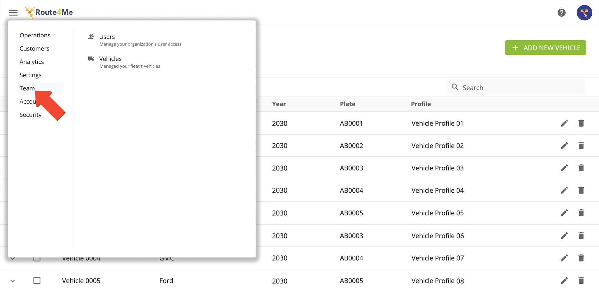 Access team and fleet management pages from the Navigation Menu.