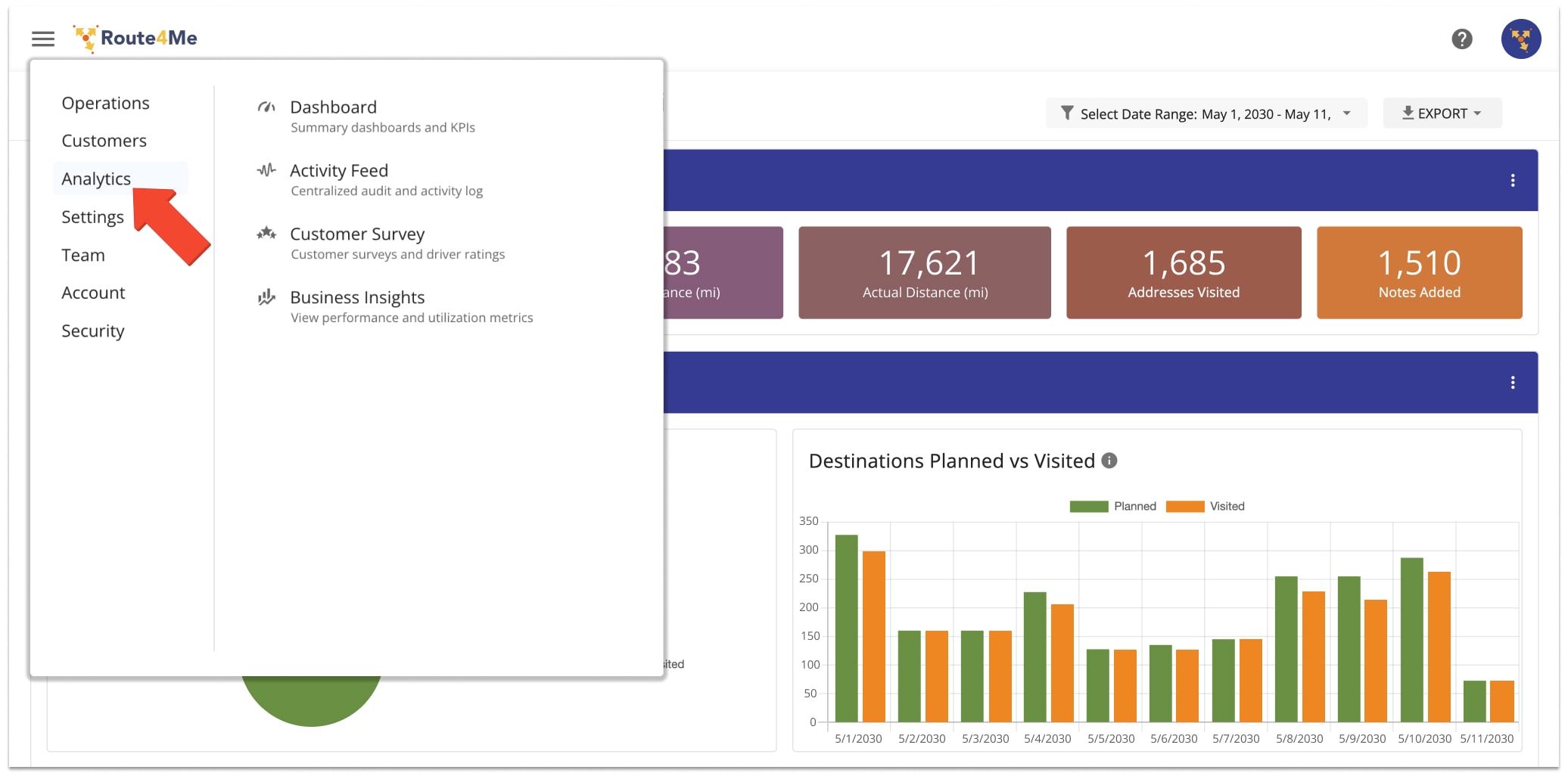 To gather actionable intelligence into the activity of your team members and the performance of your field team, click the Navigation Menu Hamburger Button and then click Analytics.