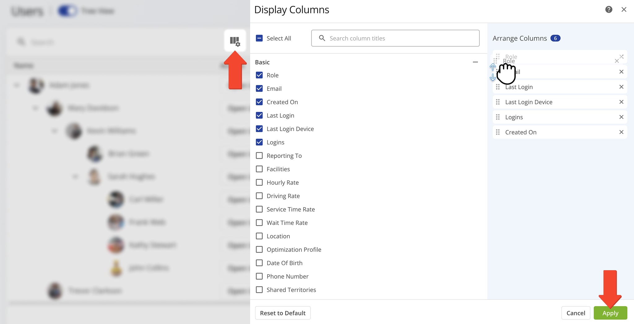 Customize users data columns on your Route4Me Users page.
