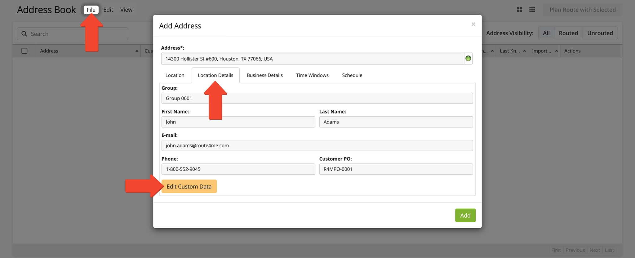 Add or edit Custom Data for individual addresses when creating or updating entries in the Route4Me Address Book.