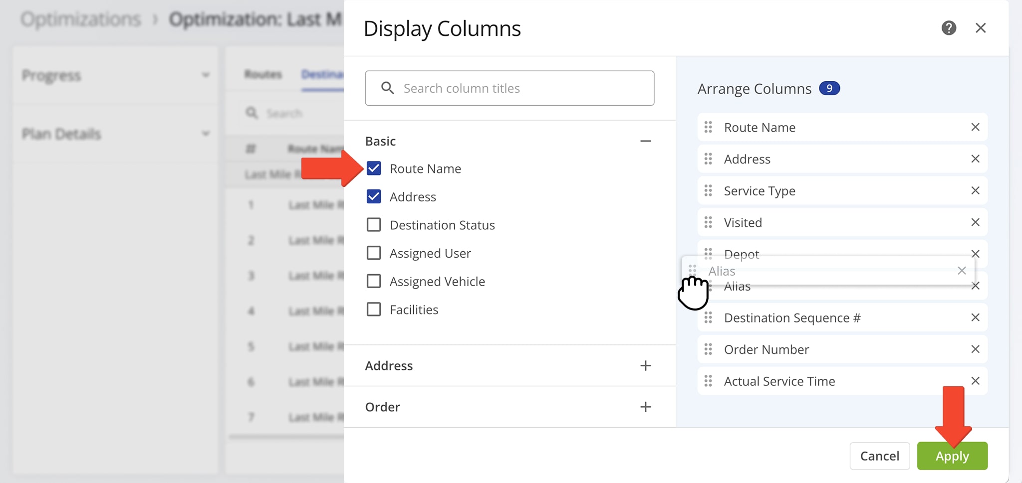 Customize Data Columns by selecting checkboxes and rearranging them with drag-and-drop.