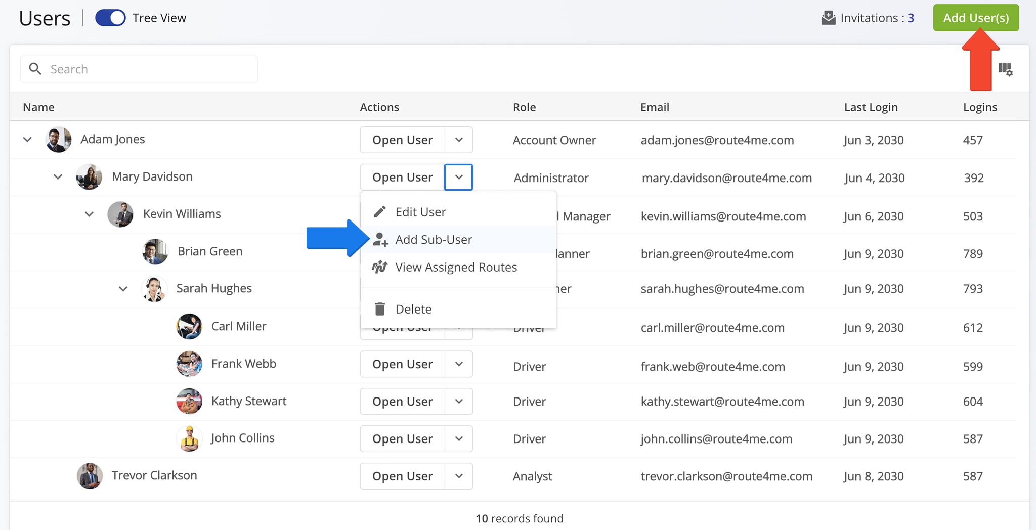 Add drivers, route planners, dispatchers, and other team members by creating user profiles.