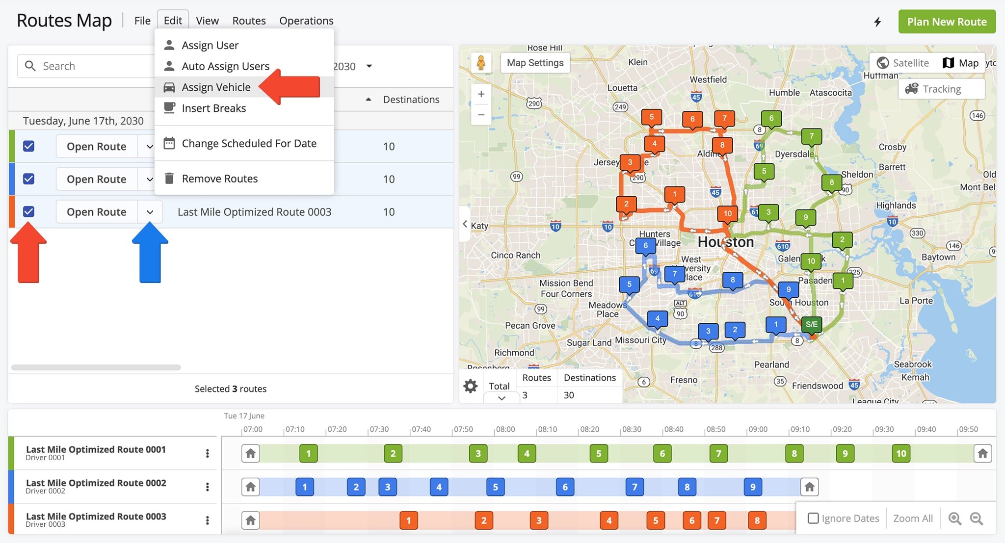Assign vehicles to optimized last-mile routes to dispatch routes to GPS telematics vehicles.