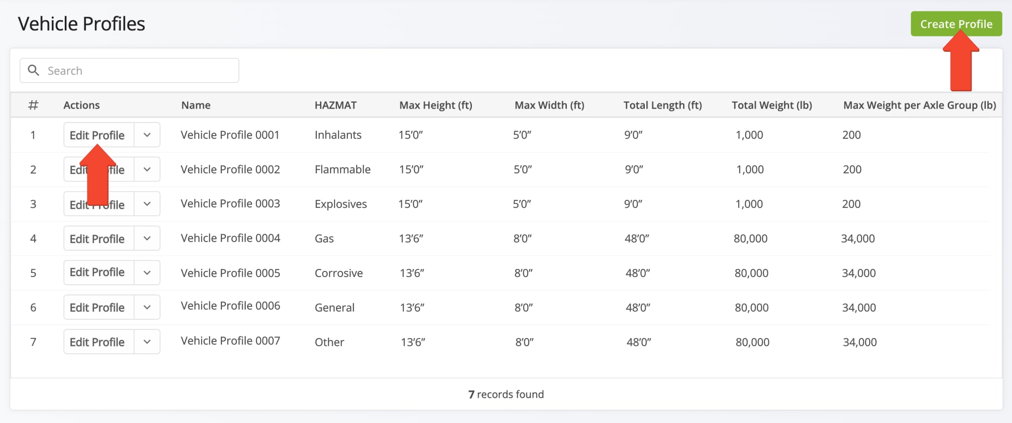 From the Vehicle Profiles page, you can see your existing Commercial Profiles, edit Vehicle Profiles, and create new Profiles. 